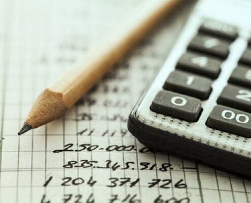 A pencil and calculator sit on a piece of graphing paper