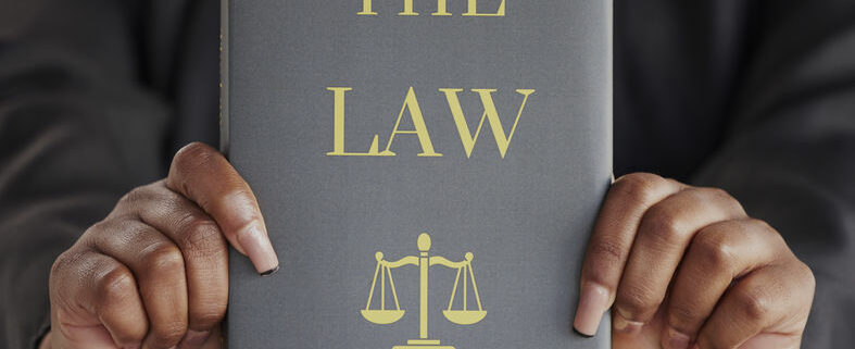 Hands, woman or judge with book called "The Law"